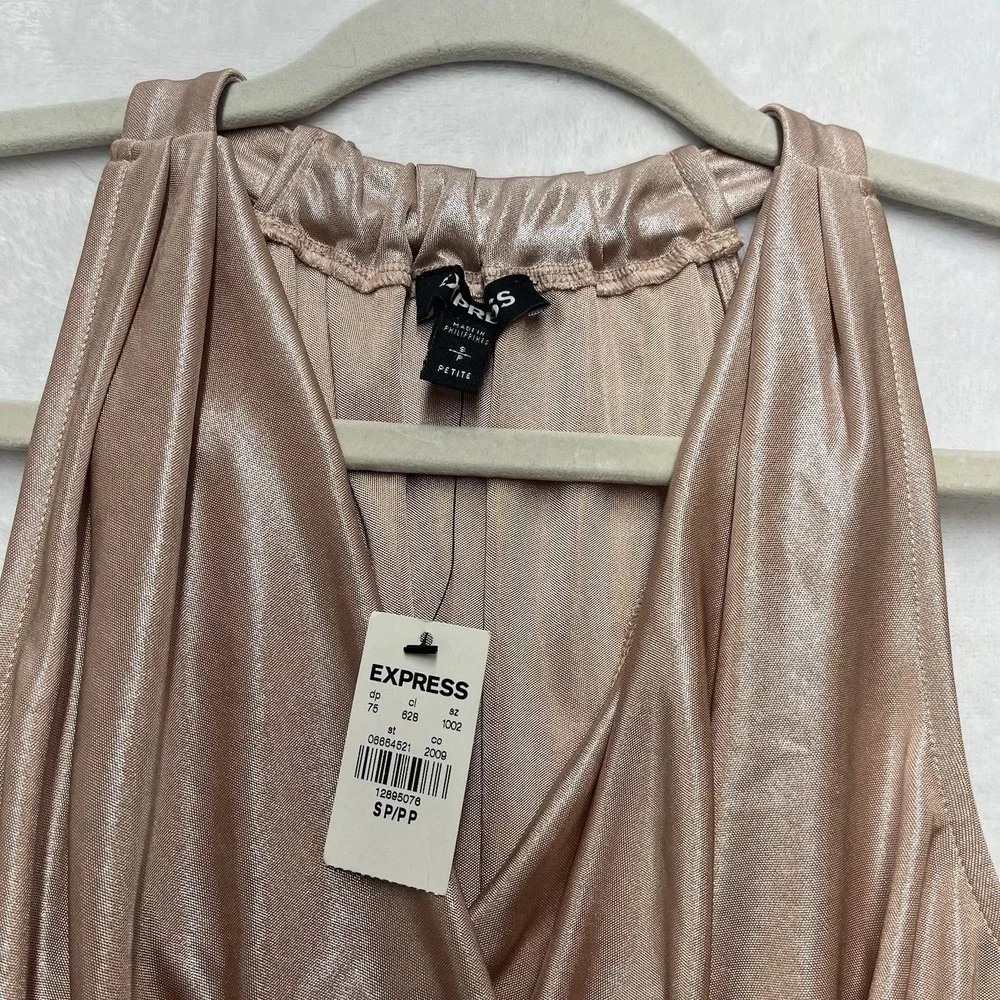 Express Metallic Rose Gold Draped Neck Peplum Top Womens Small NYE Party NEW - Picture 4 of 6
